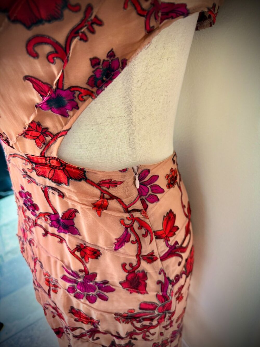 For Love & Lemons Sheer Mauve Chiffon Dress w/ Red & Pink Floral Print, Maxi, S - Picture 7 of 16